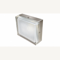 Compact square brushed-metal flush ceiling light on a clean background