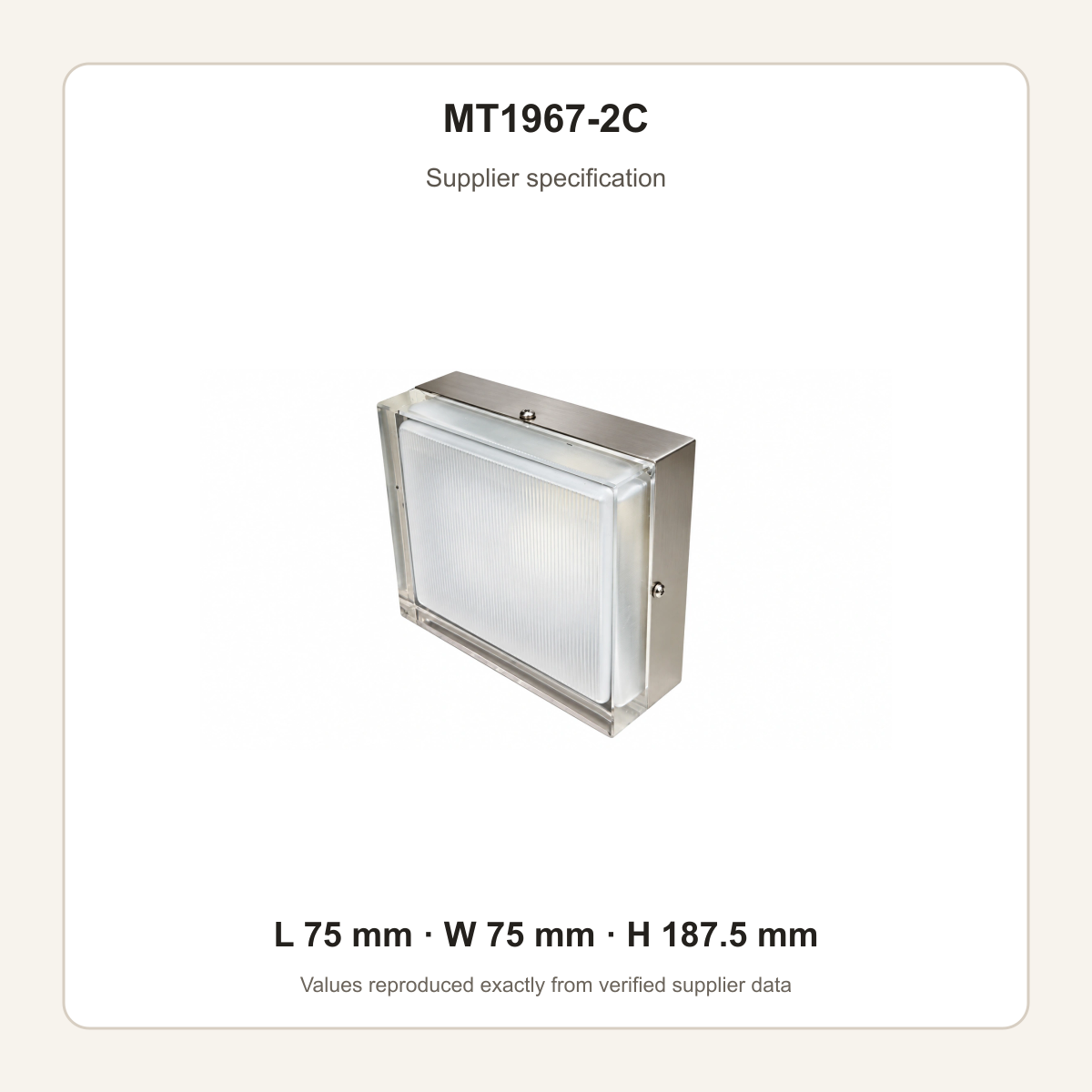 MT1967-2C supplier specification card with verified L W H values