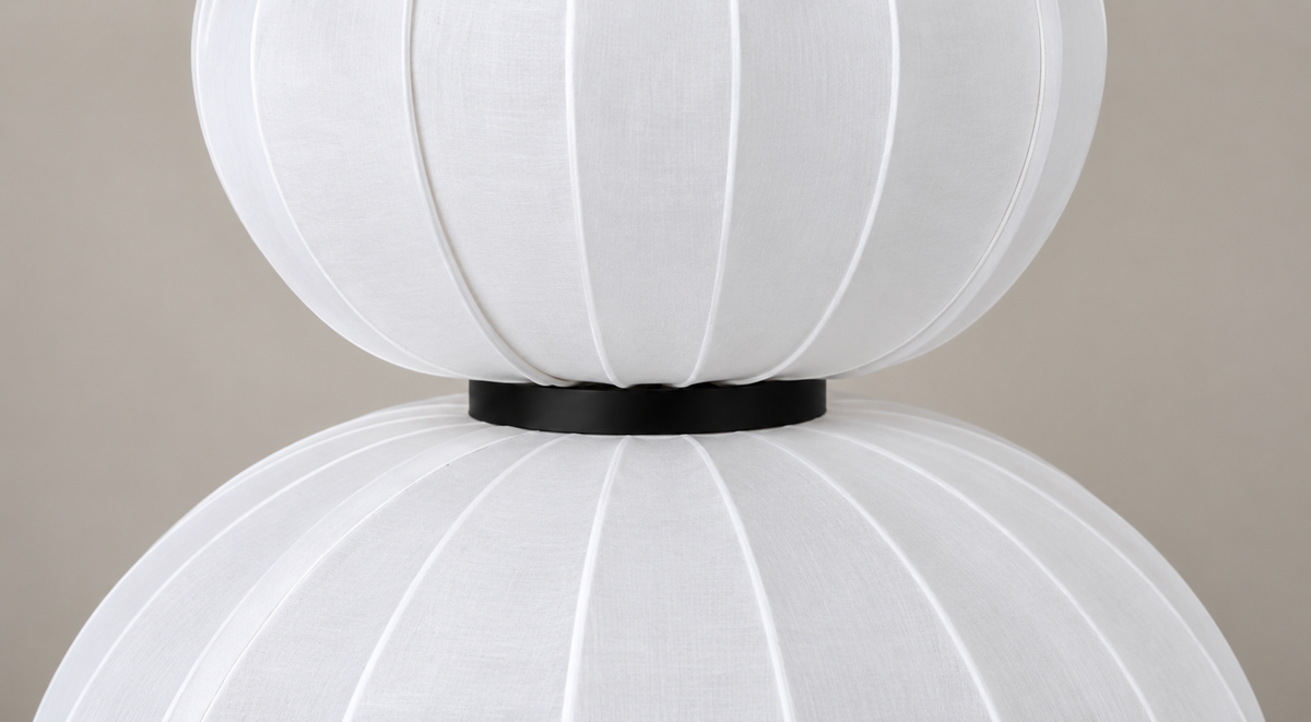 Vertical white shade ribs and black collar joining the two tiers