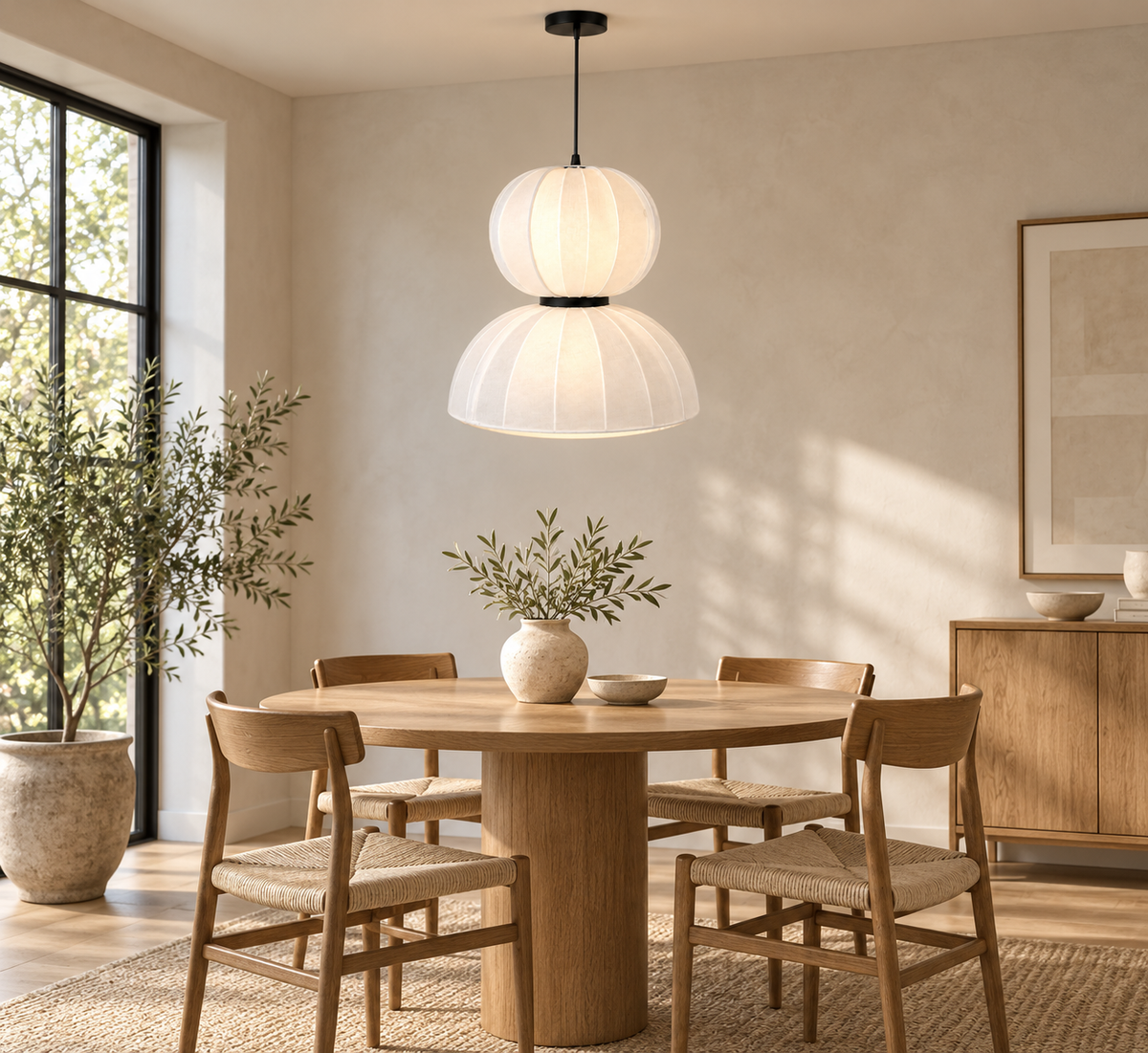 Two-tier white pendant above a round dining table