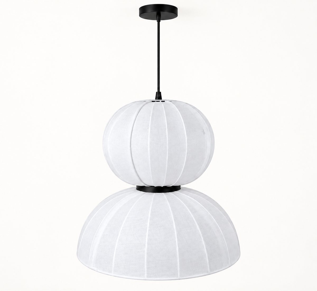 White two-tier pendant light with rounded upper shade and broad lower dome