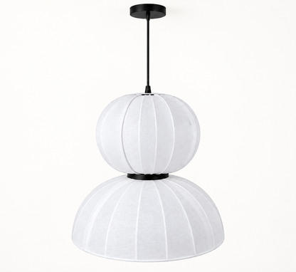 White two-tier pendant light with rounded upper shade and broad lower dome