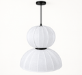 White two-tier pendant light with rounded upper shade and broad lower dome