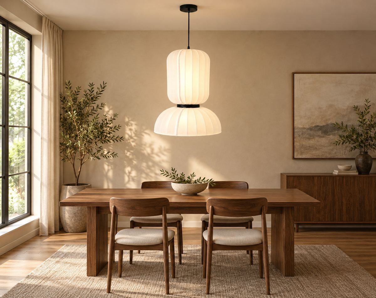 White cylinder and dome pendant above a walnut dining table
