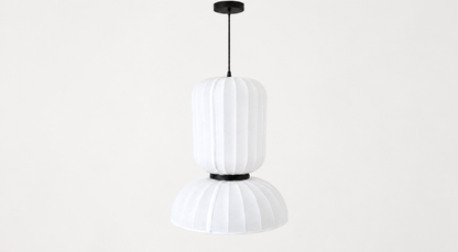 White two-tier pendant with a tall cylindrical upper shade and dome below