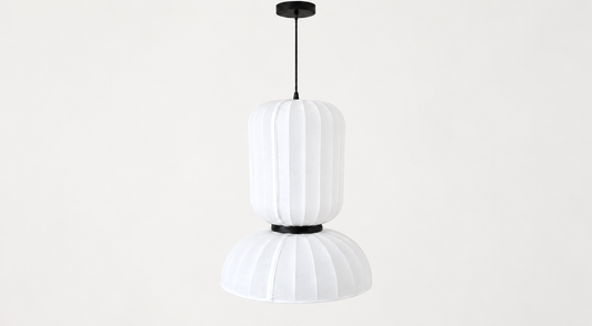 White two-tier pendant with a tall cylindrical upper shade and dome below