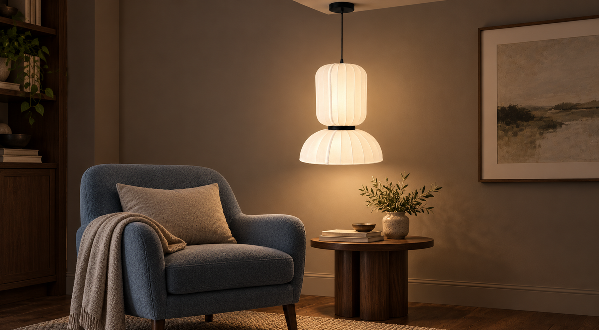 White two-tier pendant over a side table beside a reading chair
