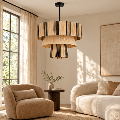 Three-tier woven pendant in a reading lounge
