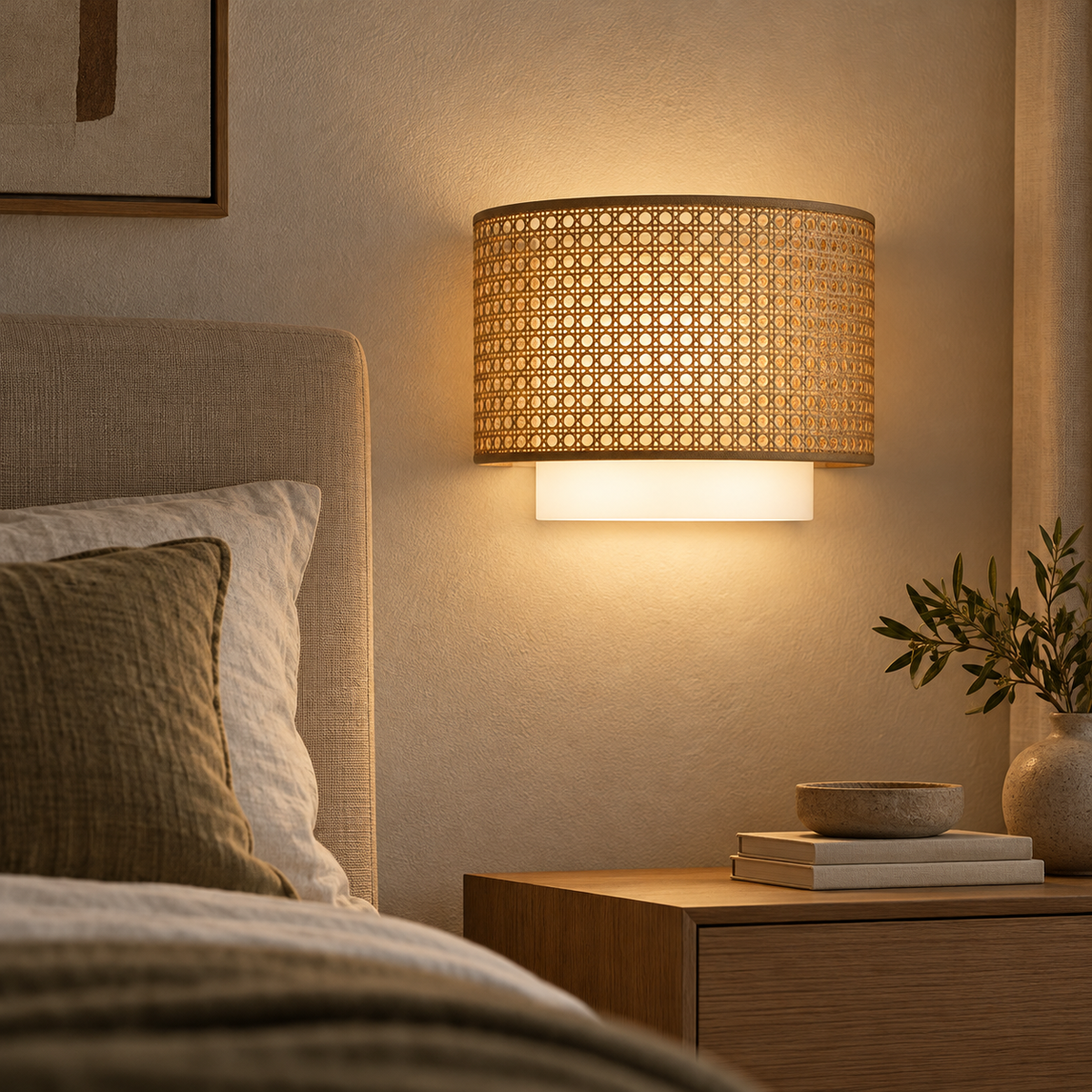 RH54 woven wall light illuminated in a contemporary bedroom