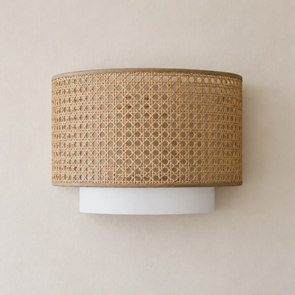 Natural woven half-cylinder wall light with white lower diffuser