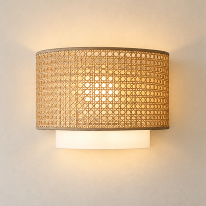 Illuminated RH54 wall light showing its open-weave screen and diffuser