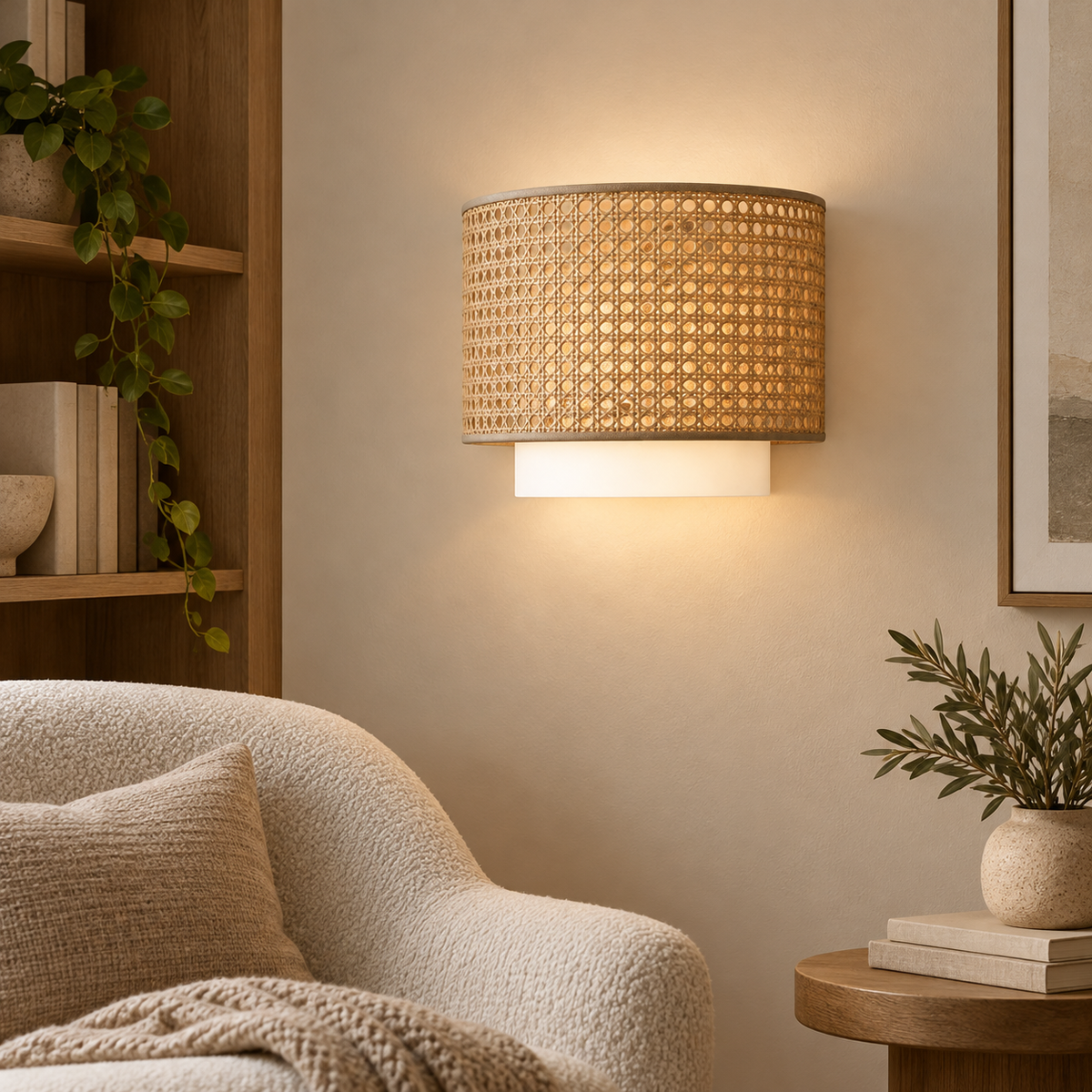 RH54 woven wall light illuminated beside a modern reading nook