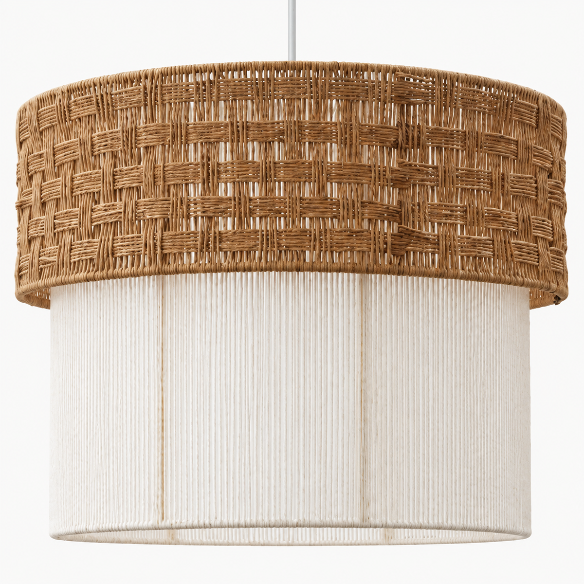 Open basket-weave upper shade around a cream vertical rope lower shade