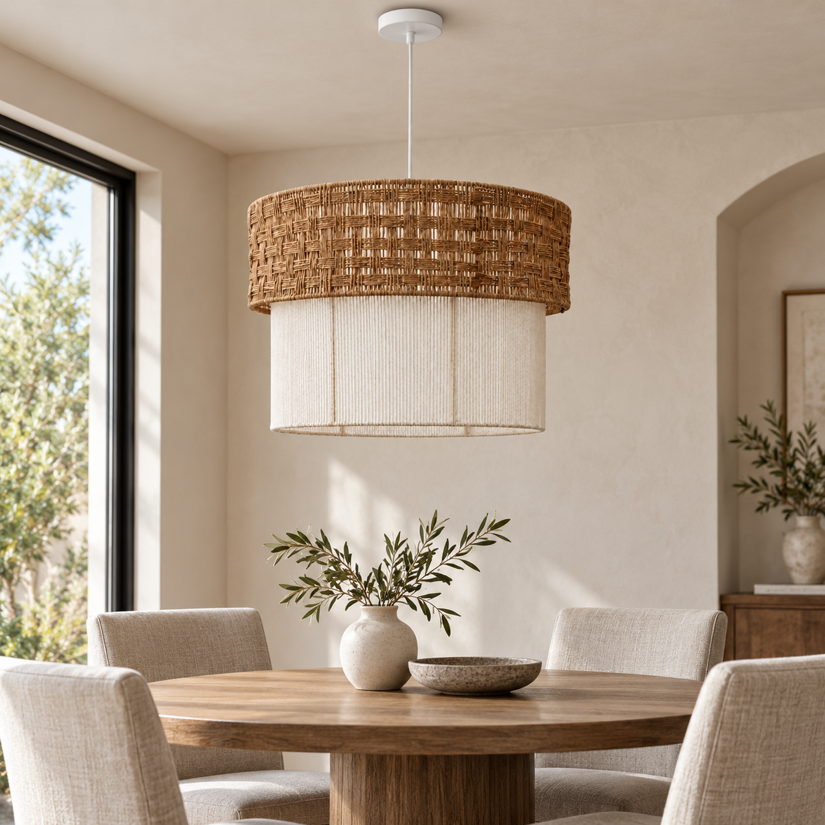 Two-tier woven pendant over a round dining table indoors