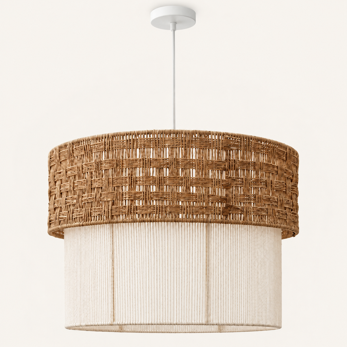 Two-tier woven pendant with brown basket-weave upper drum and cream lower shade