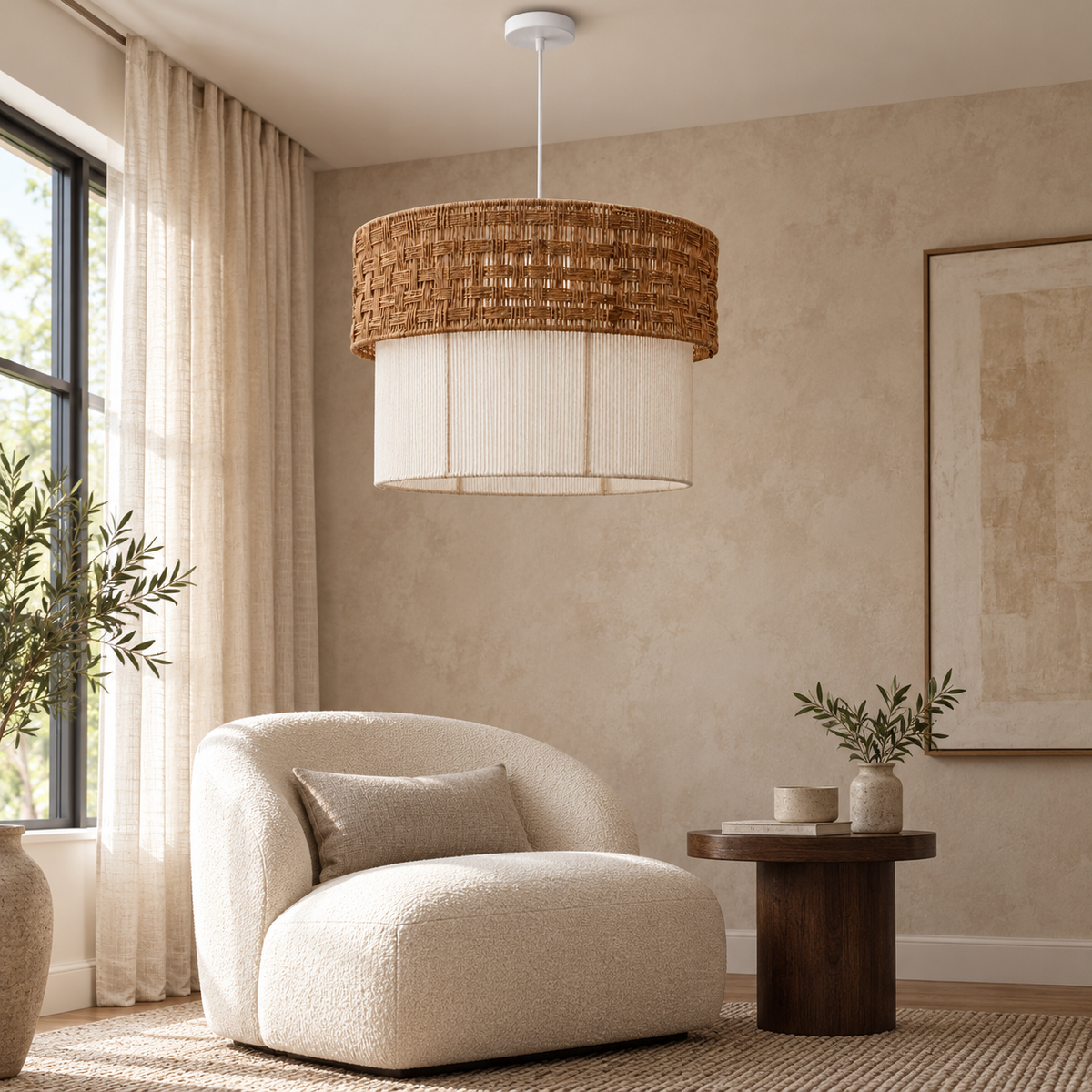 Two-tier woven pendant in an indoor reading corner