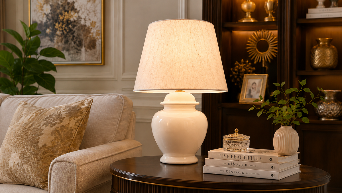 White ceramic urn table lamp beside a sofa in a traditional living room