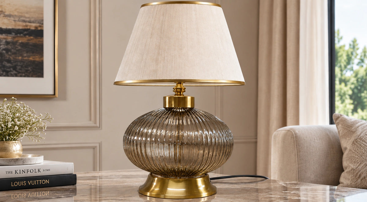Supplier-provided room styling of the smoke ribbed-glass table lamp