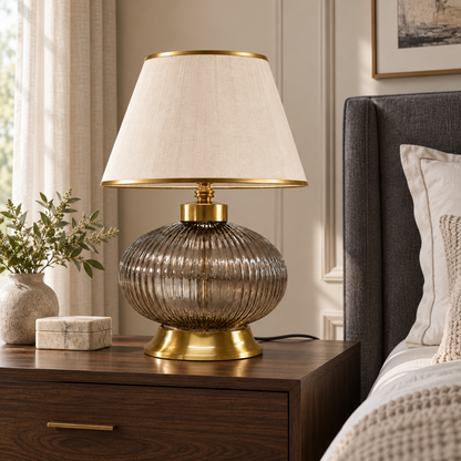 Illustrative bedroom setting with the smoke ribbed-glass globe table lamp