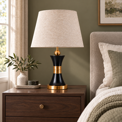 Black and gold hourglass table lamp on a walnut bedside table beside a neutral upholstered bed
