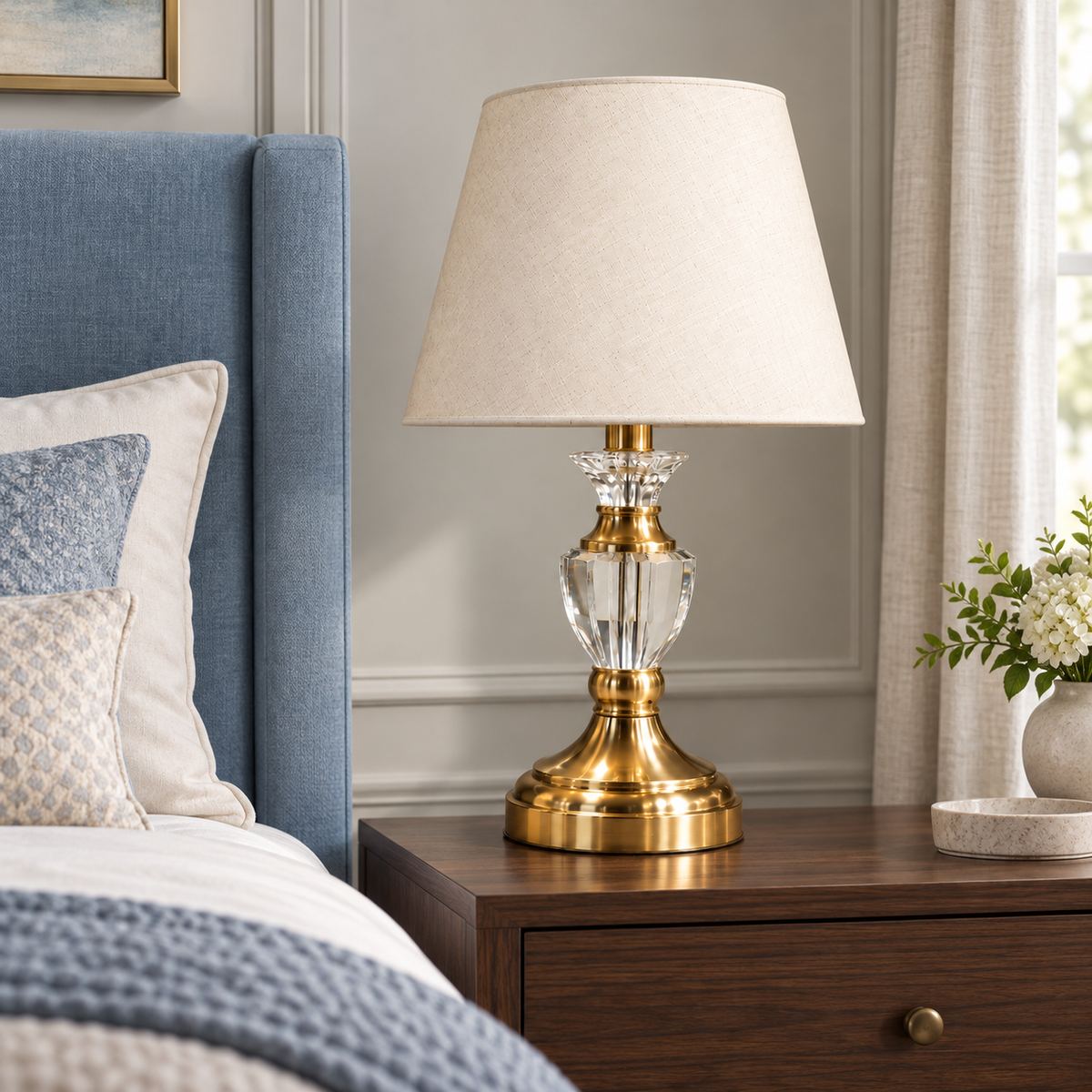 Generated bedside styling view of the faceted crystal urn table lamp