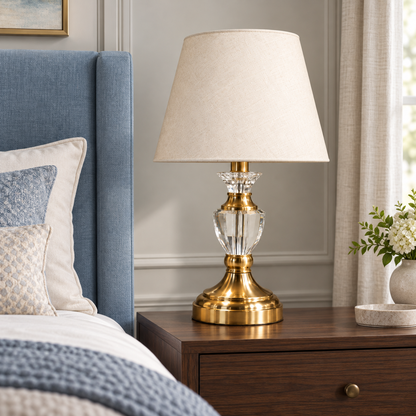 Generated bedside styling view of the faceted crystal urn table lamp