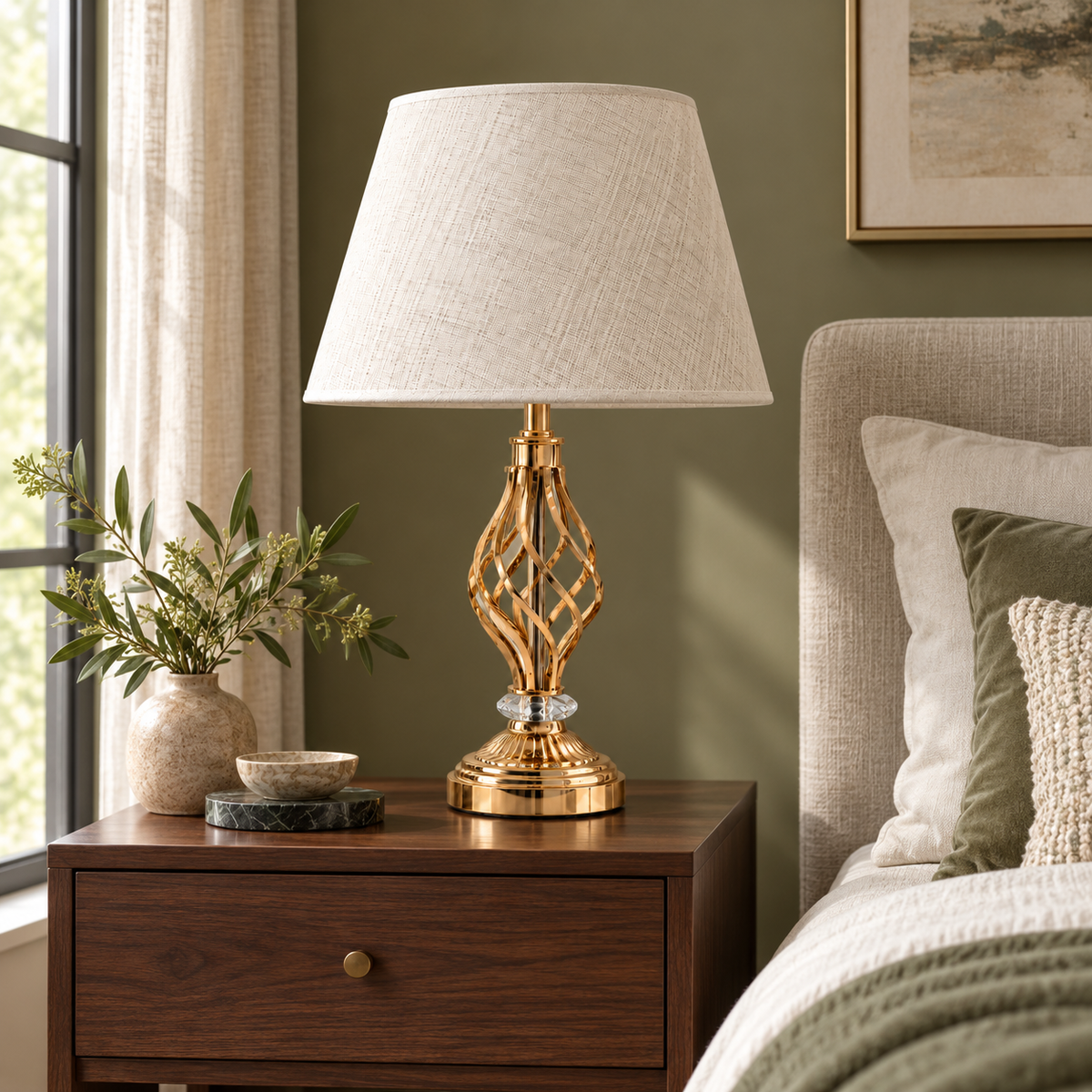 Gold twist open-frame table lamp on a walnut bedside table beside a neutral upholstered bed