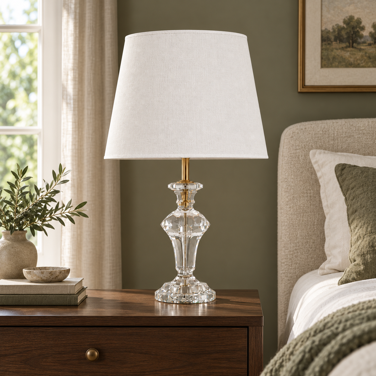 Faceted crystal pedestal table lamp on a walnut bedside table beside a neutral upholstered bed