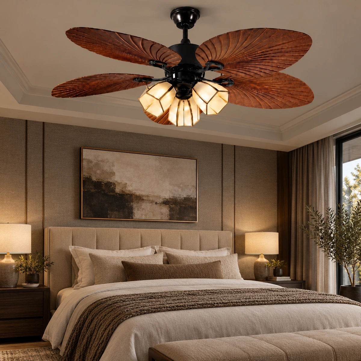 Arbor five-leaf ceiling fan with three lights in a premium bedroom