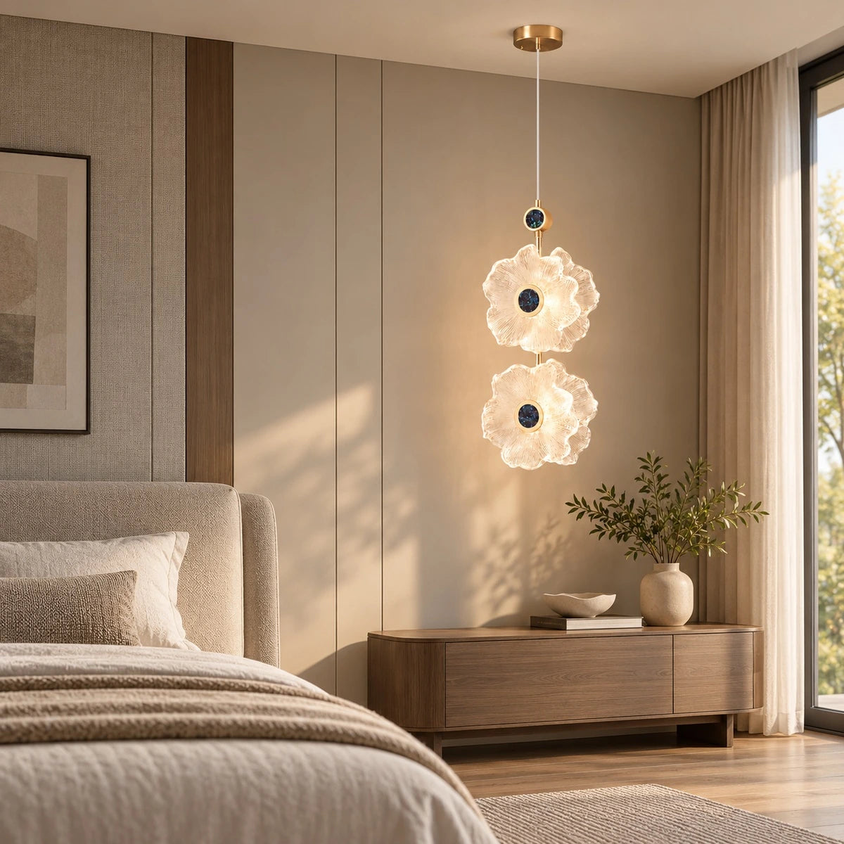 Celestia double floral glass pendant beside a bedroom console