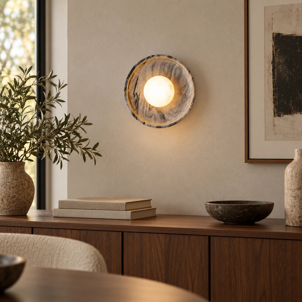 Generated room scene illustrating Black & Grey / White Stone Orbis Curv wall light placement