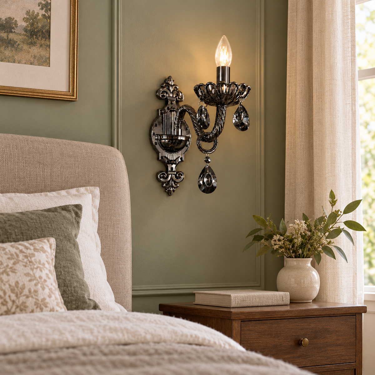 Black decorative wall light beside an upholstered headboard