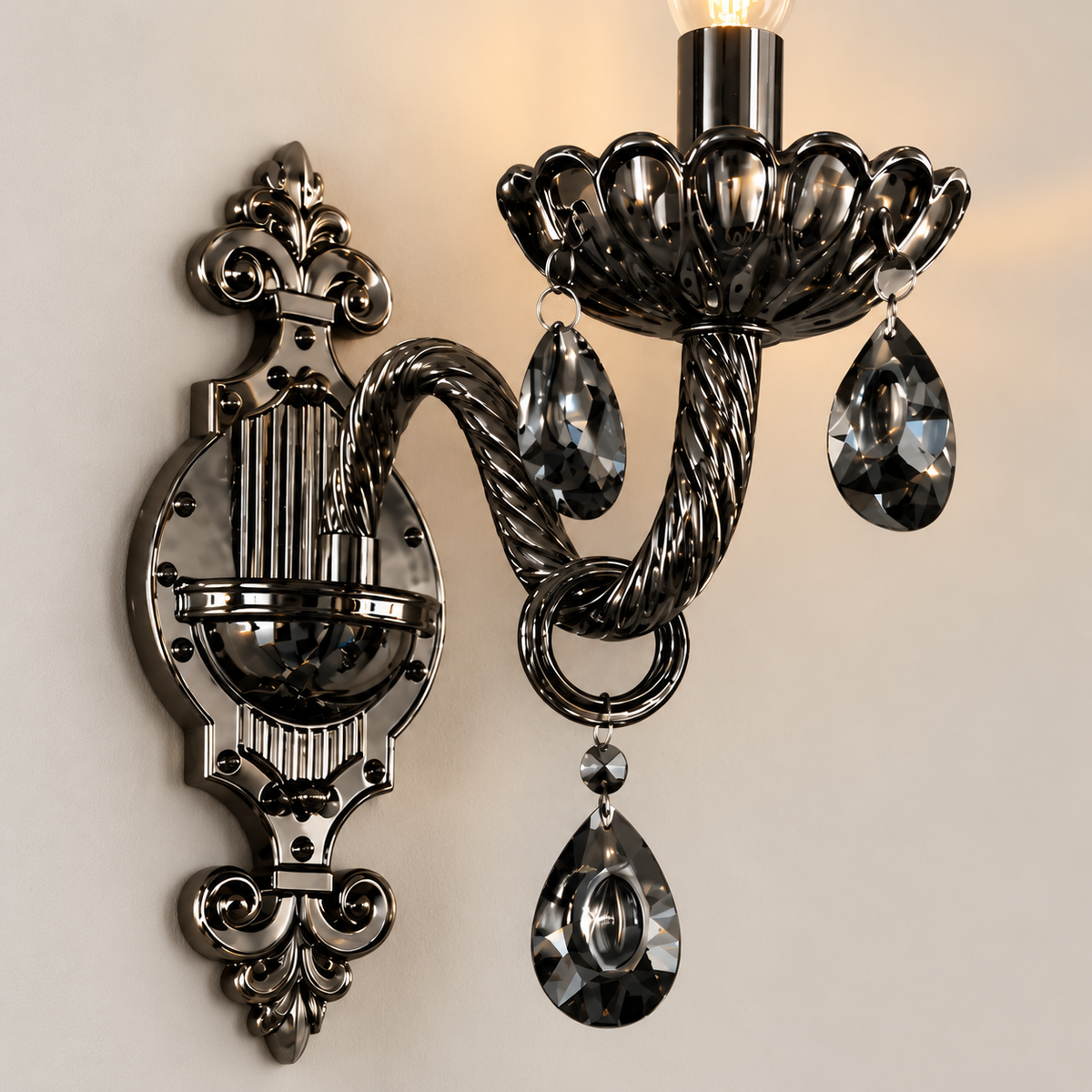 Glossy black twisted arm, decorative cup and hanging accents