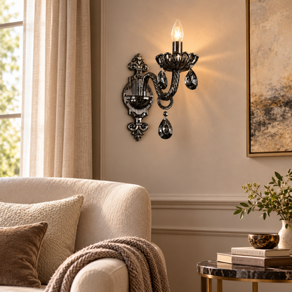 Black decorative wall light in a furnished reading lounge