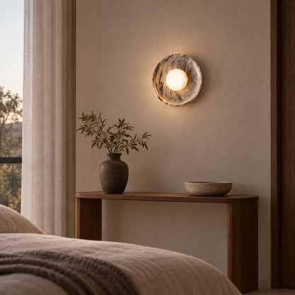 Generated Black & Grey / White Stone Orbis Curv wall light in a distinct illuminated room scene