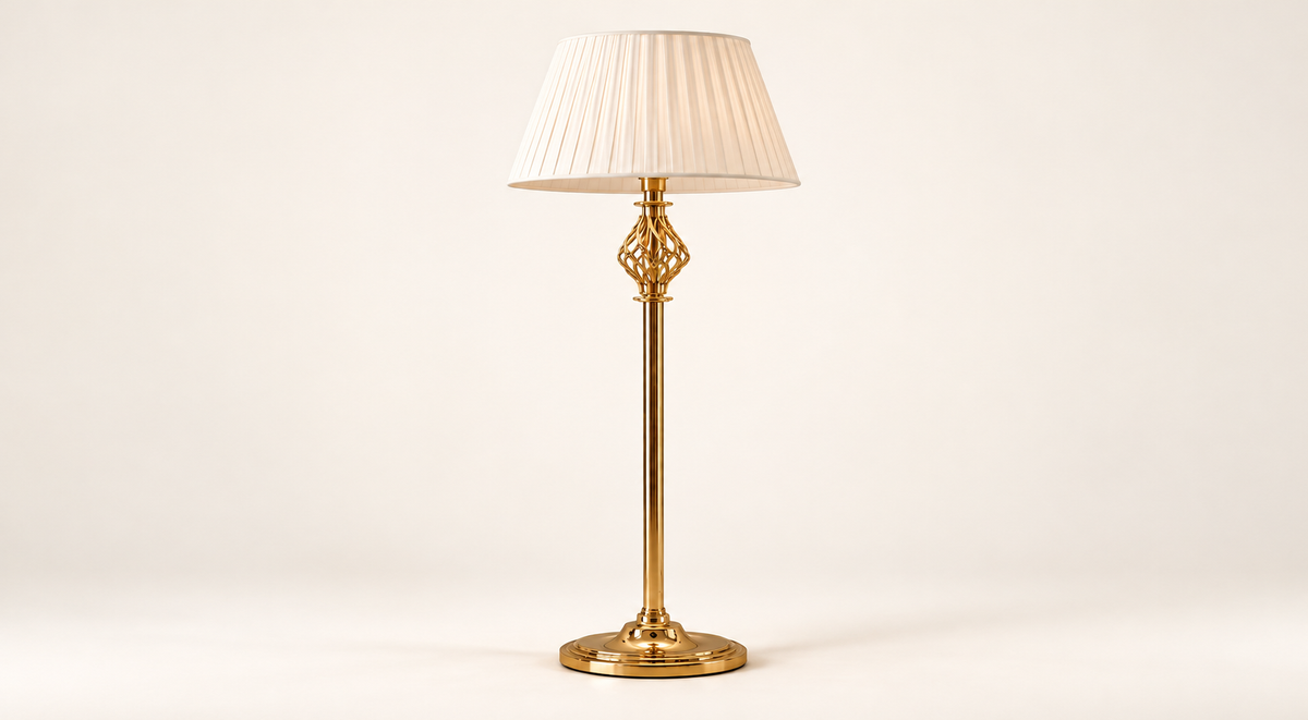 Seraphine gold-tone lattice floor lamp with white pleated shade