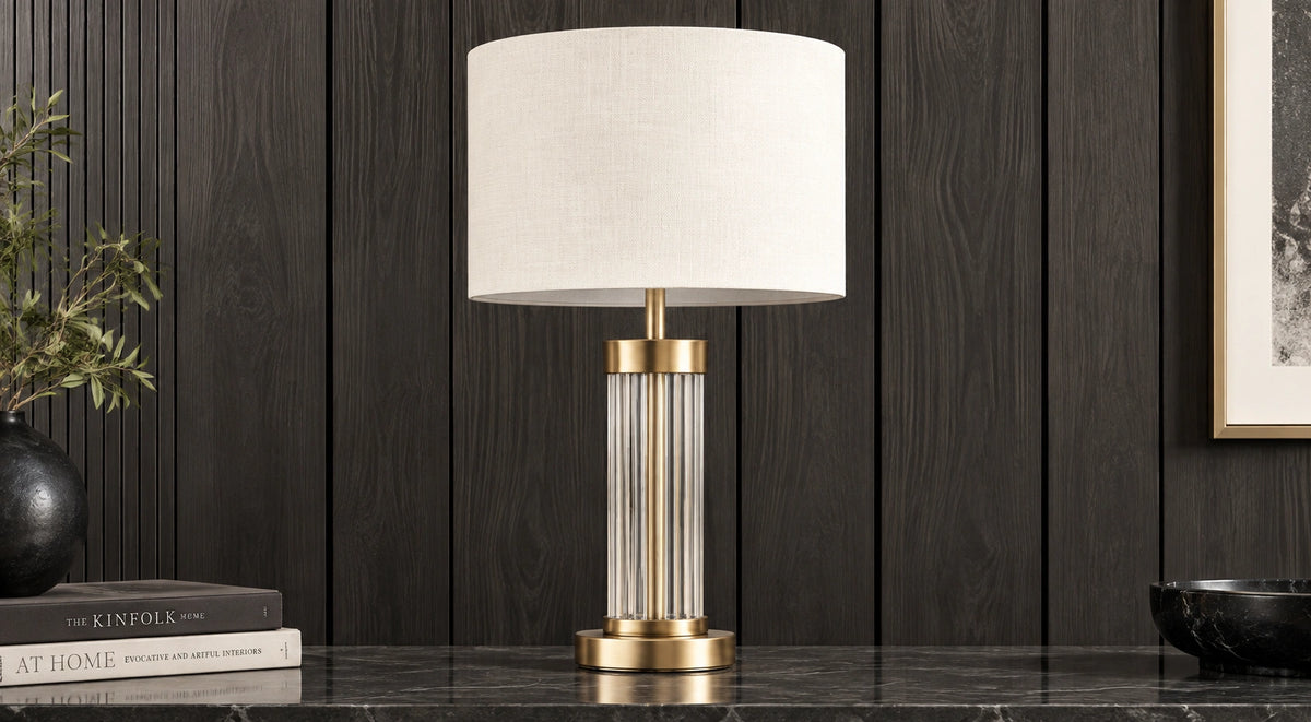 Aurelia crystal-rod table lamp switched off on a dark console