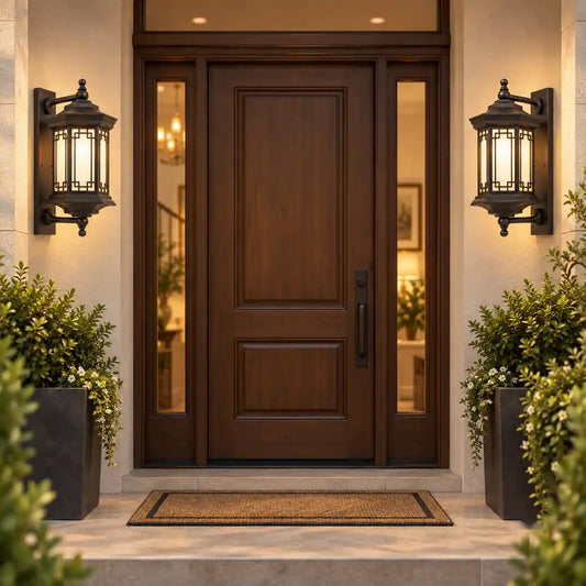 Pair of Bliss & Birch Vintage Geometric Lantern Wall Lights Flanking Grand Entrance Door