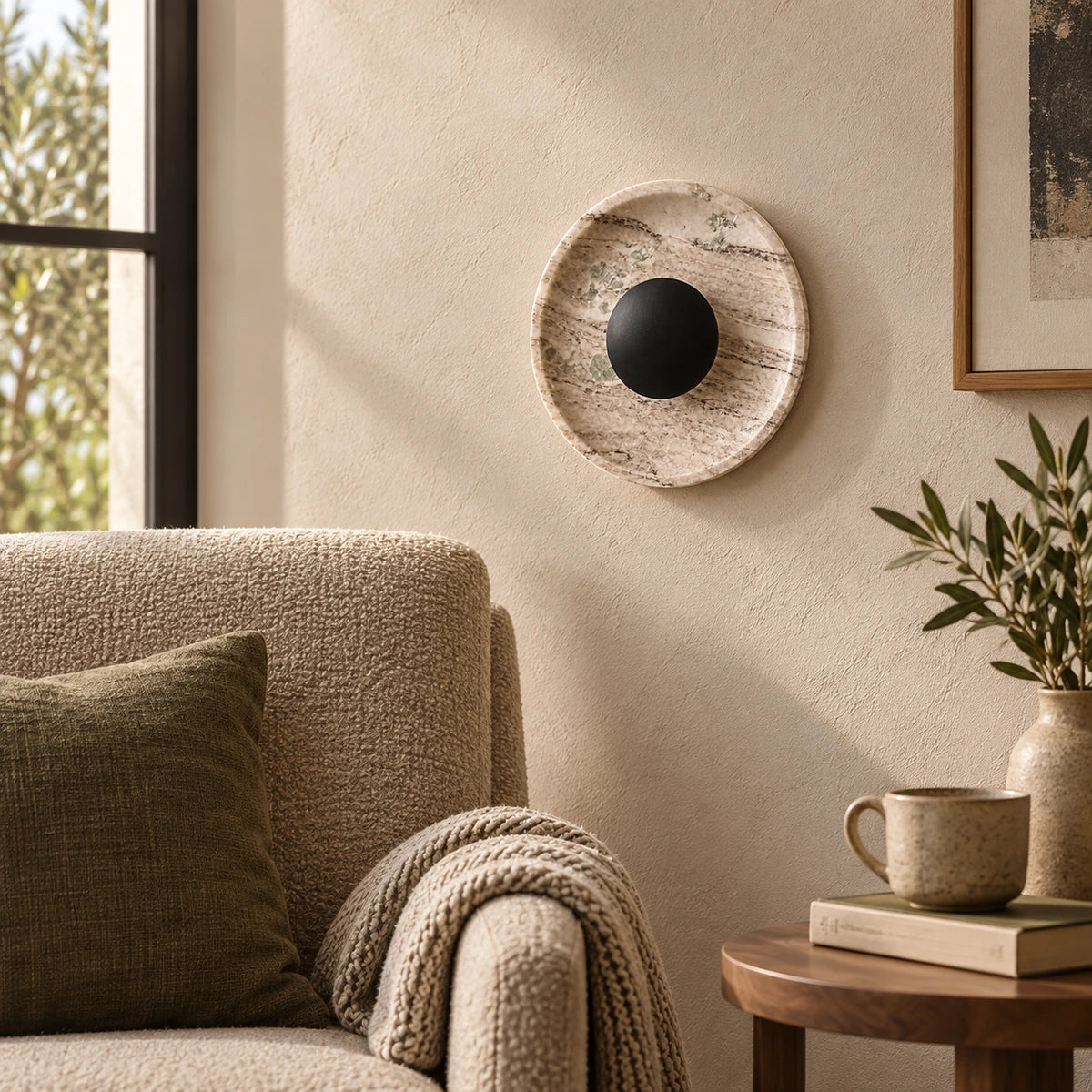 Generated room scene illustrating Brown / Matt Black Orbis Curv wall light placement