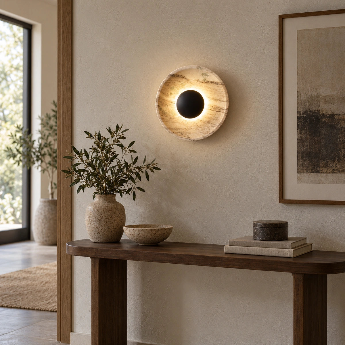 Generated Brown / Matt Black Orbis Curv wall light in a distinct illuminated room scene