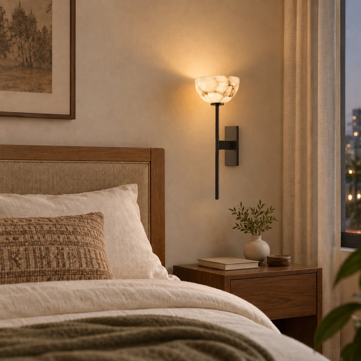 Bliss & Birch Chalice — styled single wall light beside an upholstered bed