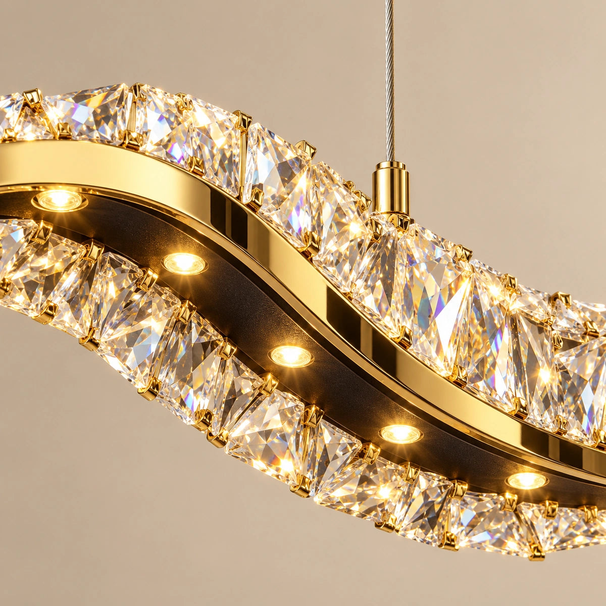 Close-up of gold trim, clear crystals and warm LED points