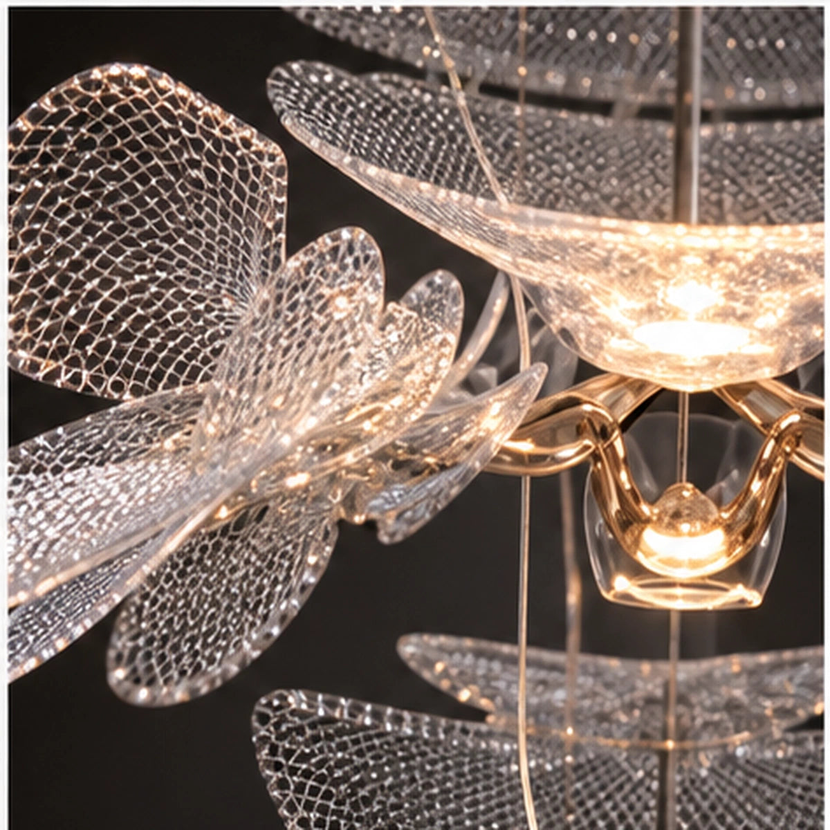 Close-up of transparent mesh petals and illuminated bowl