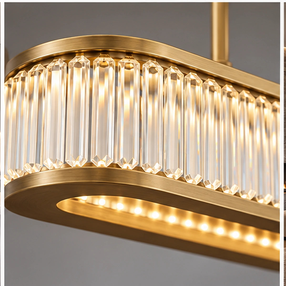 Close-up of clear crystal rods and antique brass frame
