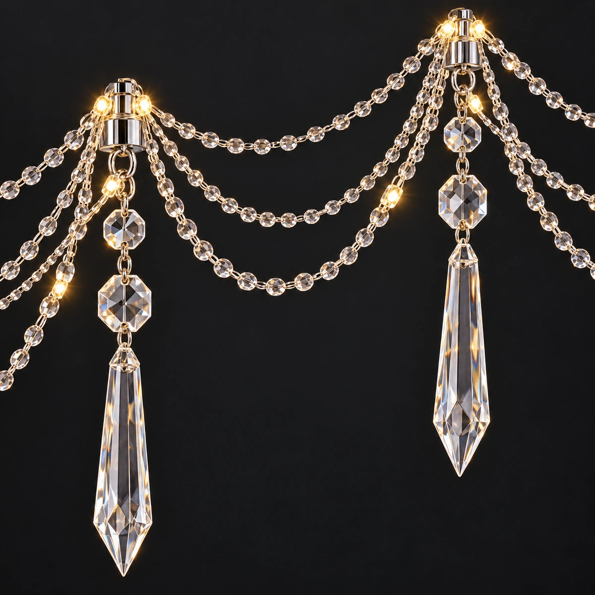 Close-up of clear bead swags, chrome peaks and crystal spear drops