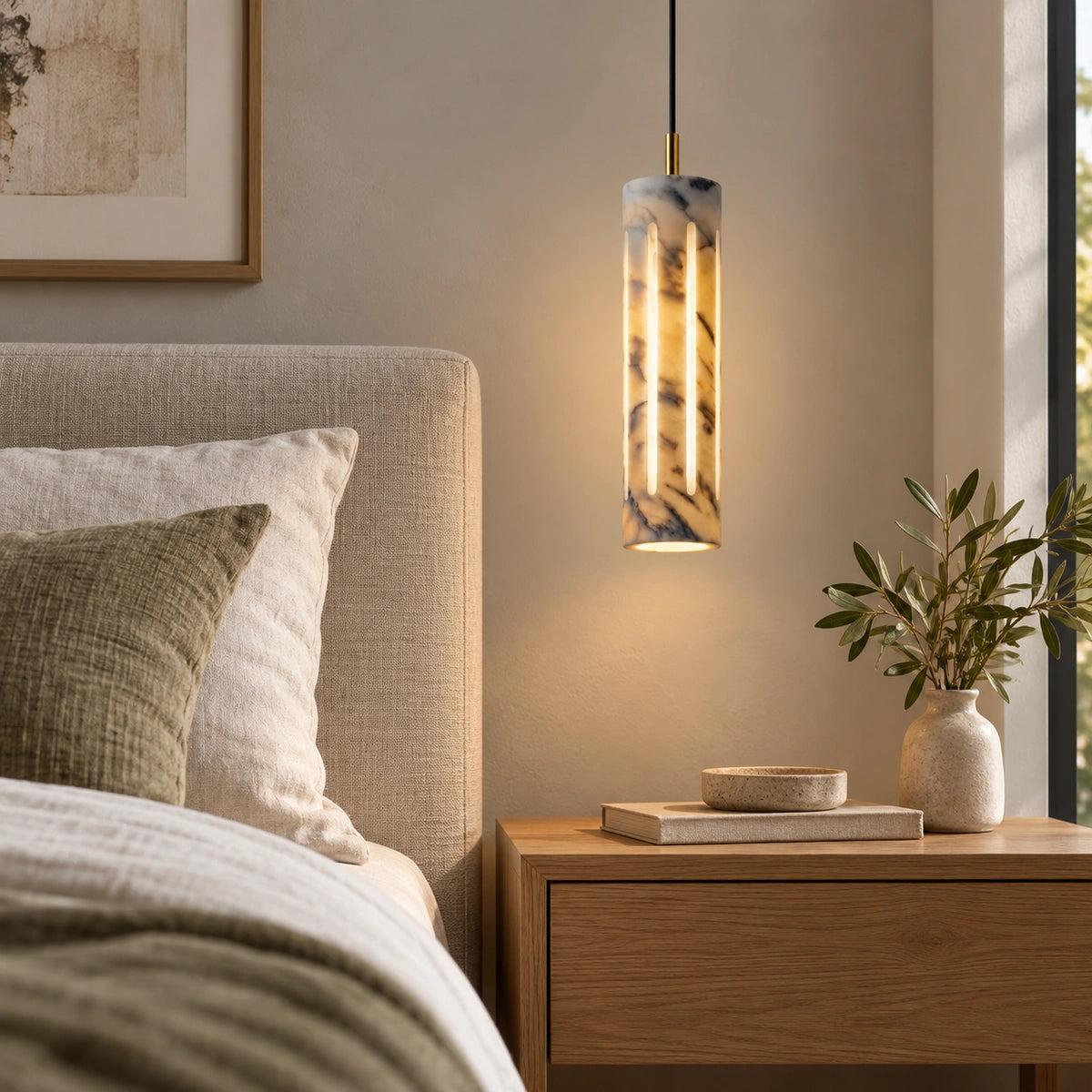 Bliss & Birch Cylo marble pendant - styled bedroom image based on exact supplier reference