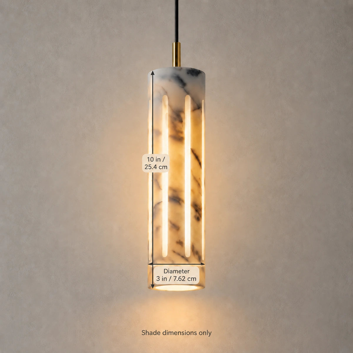 Bliss & Birch Cylo pendant - verified10 inch height and3 inch diameter marked on styled shade image