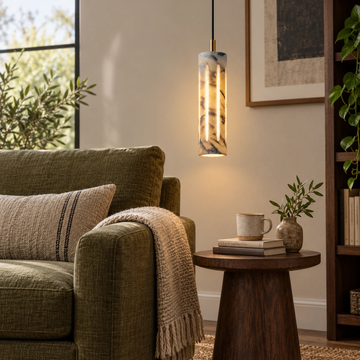 Bliss & Birch Cylo marble pendant - styled reading image based on exact supplier reference