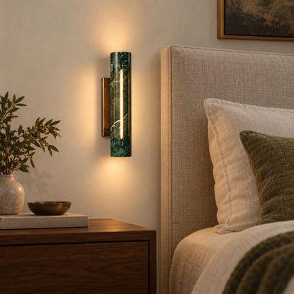Cylo Green marble wall lamp — styled bedroom view with antique brass mount