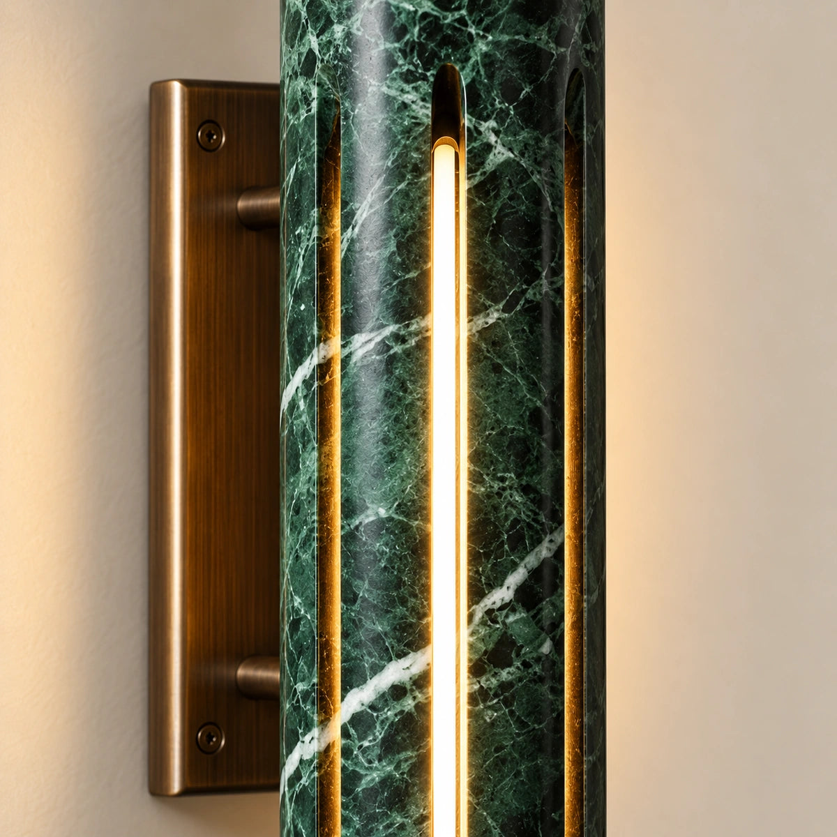 Cylo Green marble wall lamp — styled detail view with antique brass mount